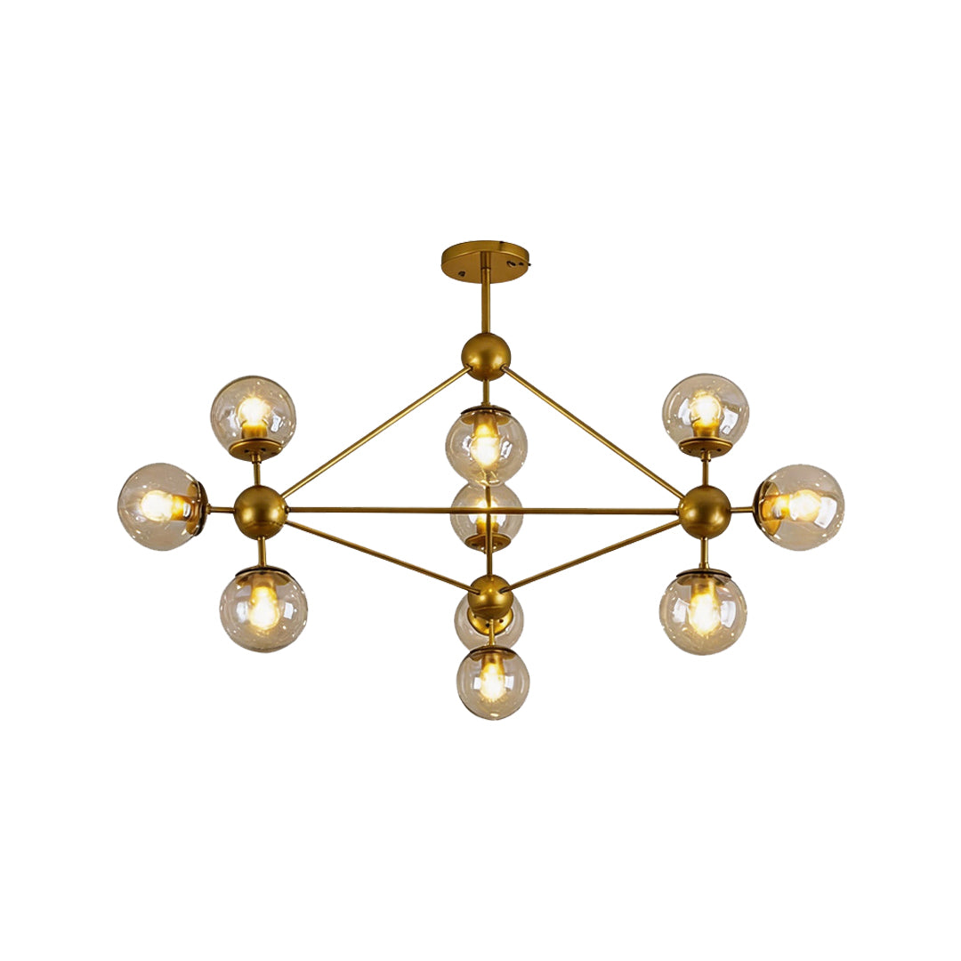 Midcentury modern chandeliers brass finish version with geometric multi globe lighting design.