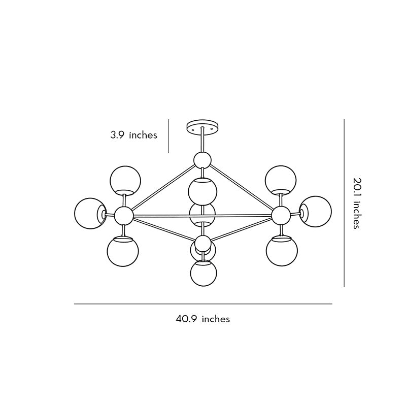 Midcentury modern chandeliers dimension drawing displaying chandelier width and height proportions.