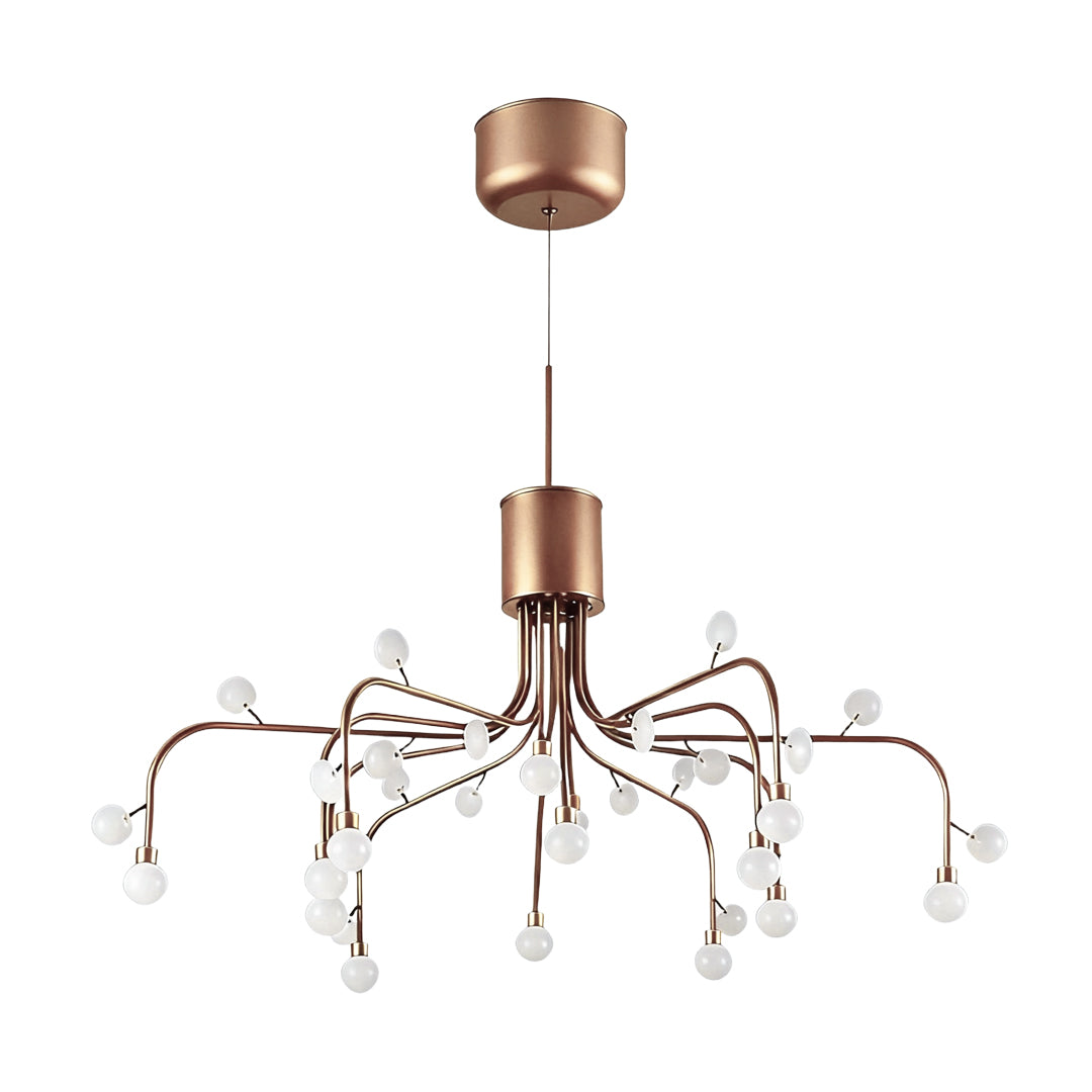 Mid-century modern retro chandelier featuring radiating arms with frosted glass bulbs in rose gold tone