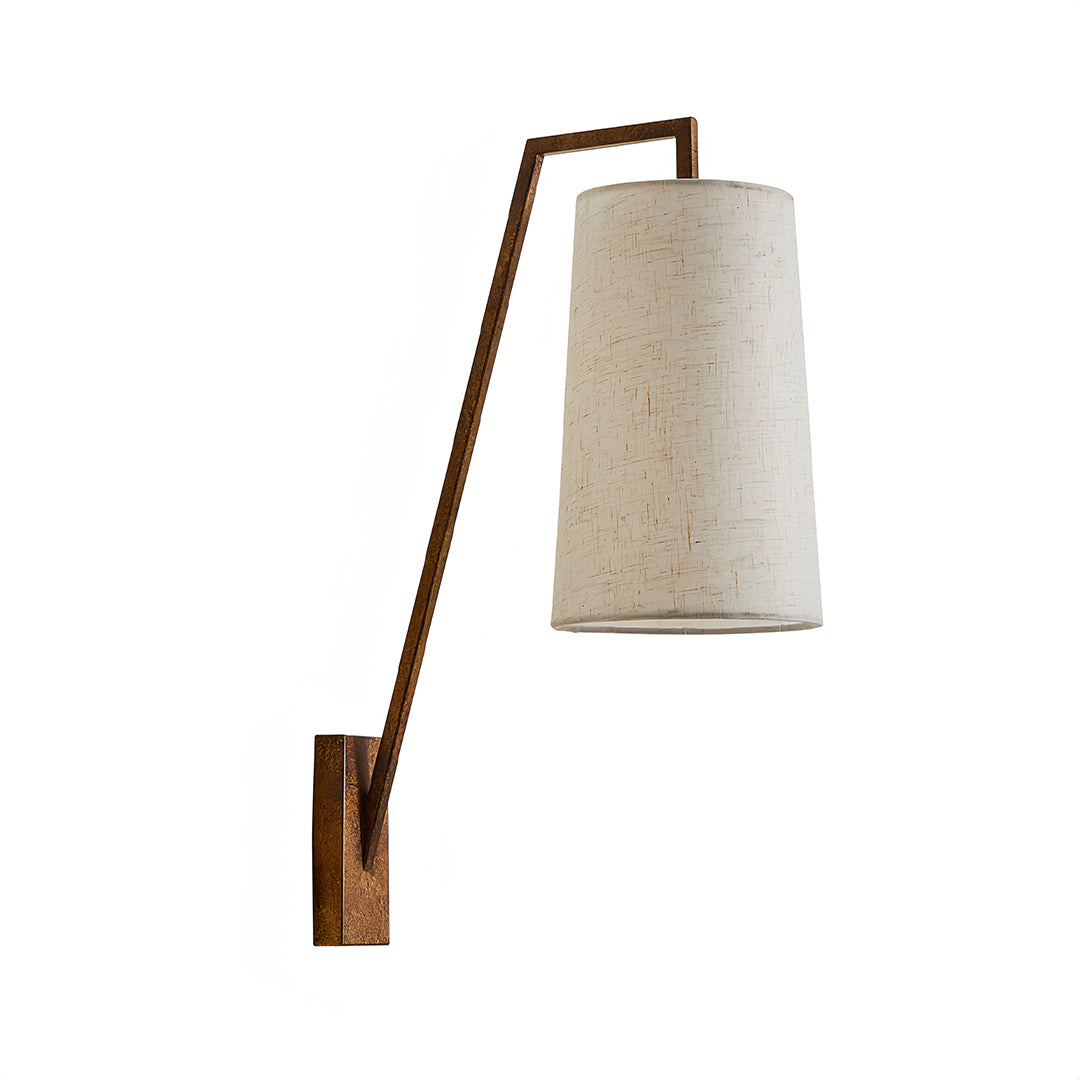 Mid-century retro wall lights featuring cream fabric shade on articulating wooden arm with brass accent details