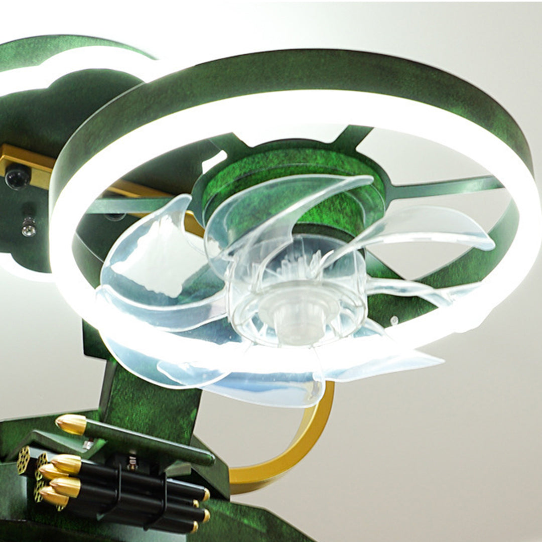 Detail view of airplane ceiling fan with light showing green military aircraft inspired finish