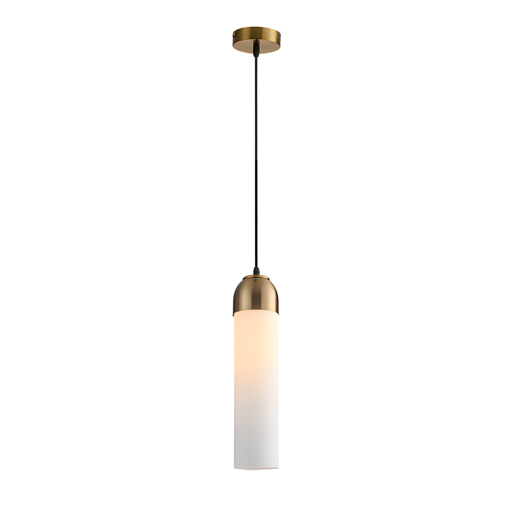 Elegant milky white glass Gold Frosted Cylinder Pendant fixture over a clean white background.