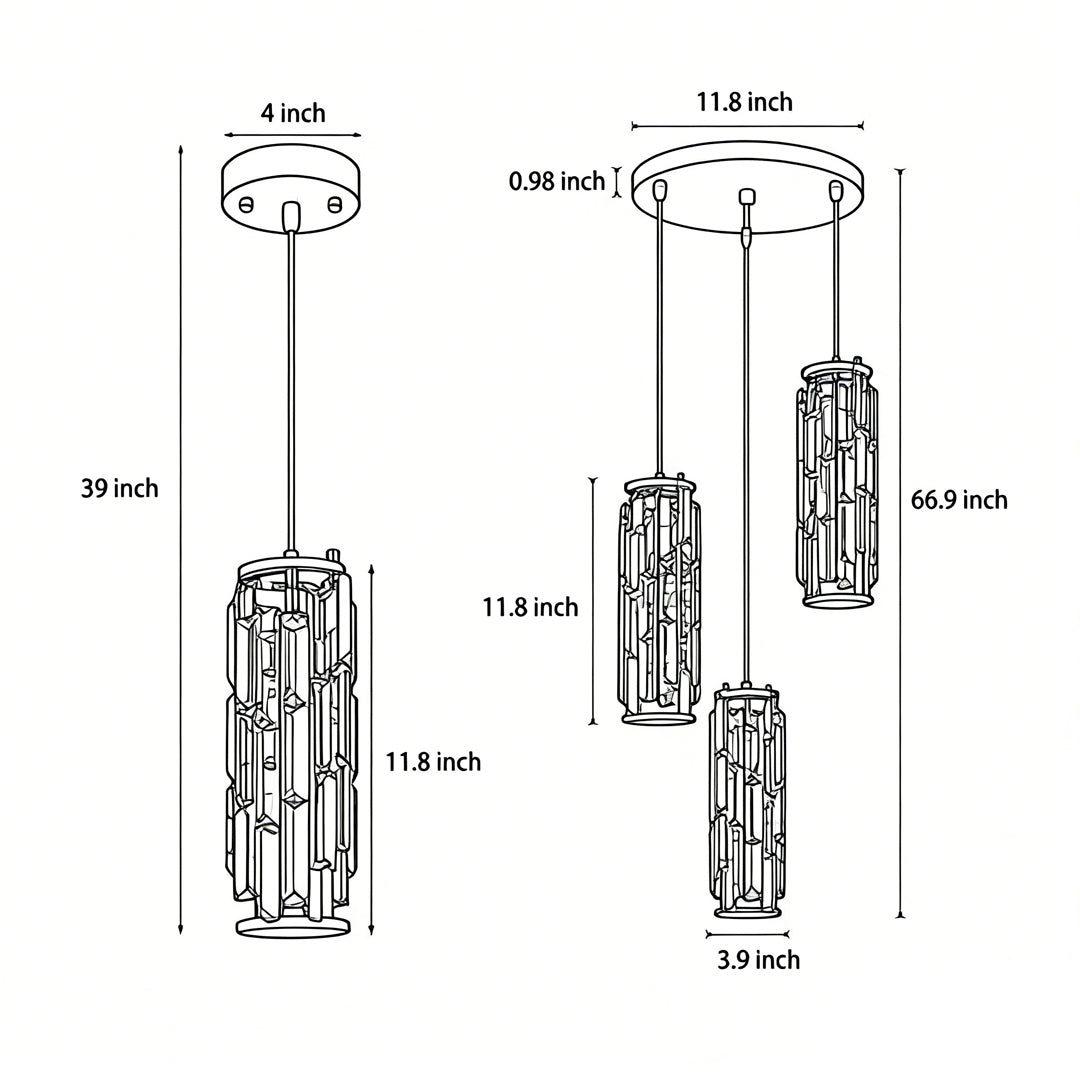 Technical dimension drawing of mini crystal pendant light with size measurements.
