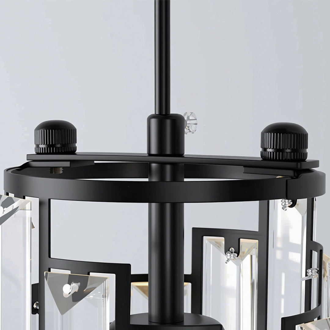 Close-up of the top black frame and mounting details of a Mini Crystal Pendant Light with clear crystal panels.