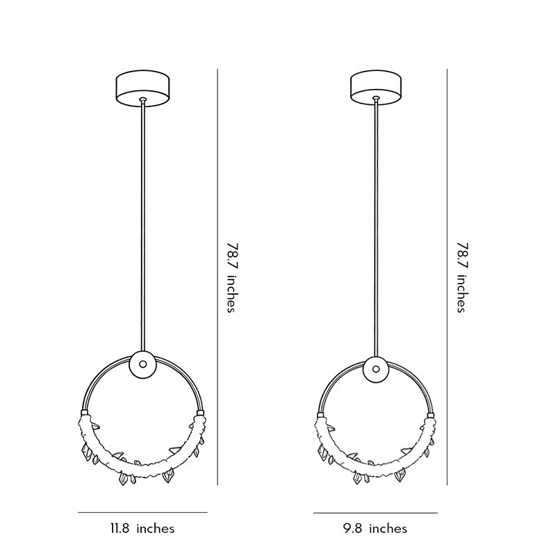Technical diagram of mini crystal ring pendant light showing dimensions and installation details.