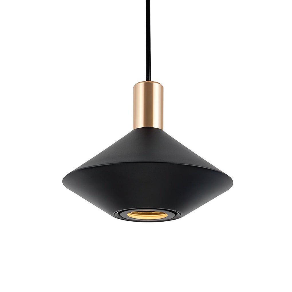 Black mini hanging pendant lights with broad shade, designed to provide focused downward illumination.