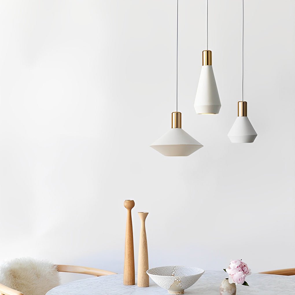 Mini hanging pendant lights clustered at different heights, adding visual interest and soft lighting to a modern living room.