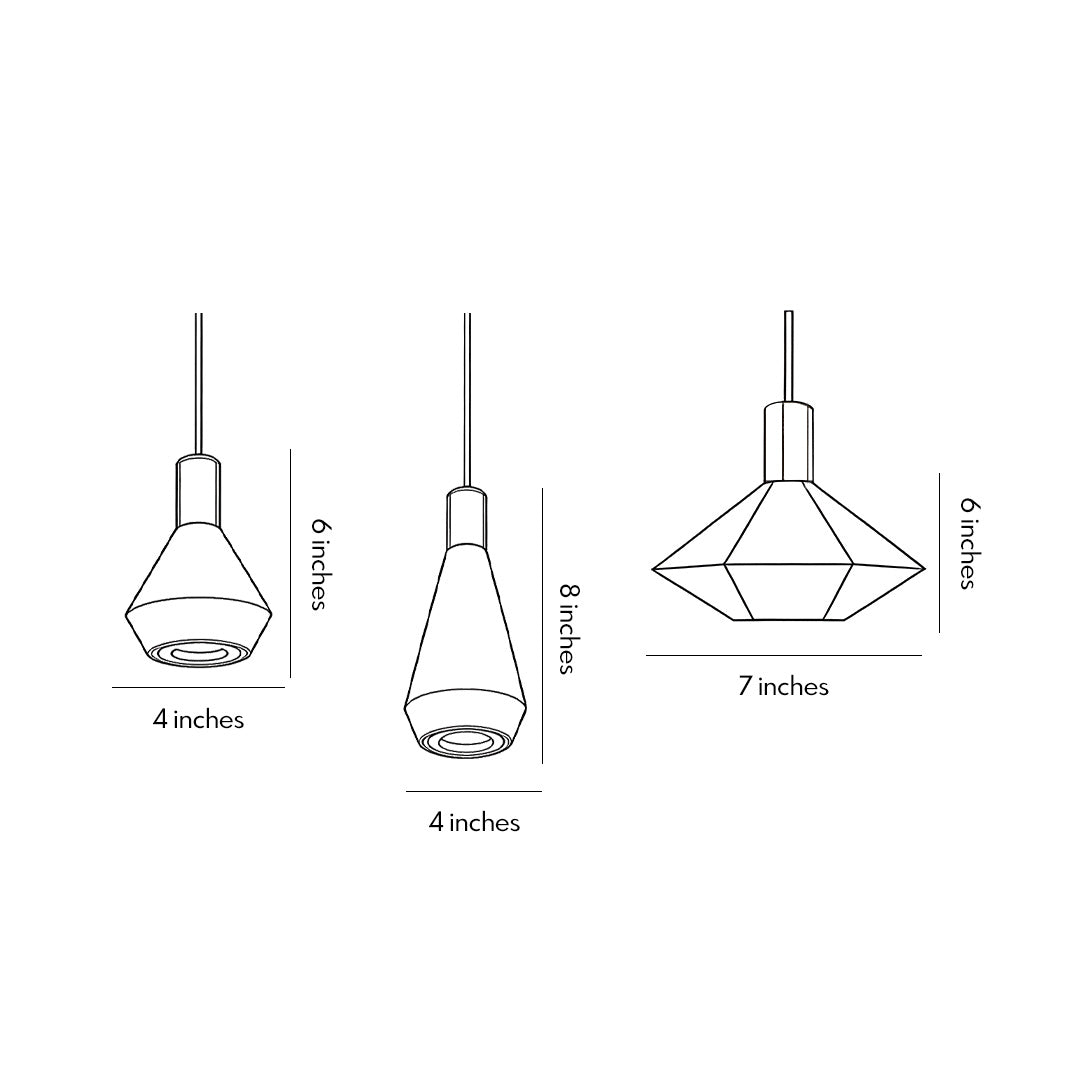Mini hanging pendant lights dimension diagram showing multiple fixture sizes and measurements for installation reference.