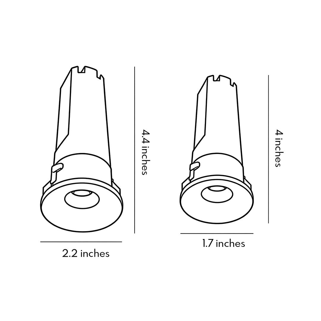 Dimension diagram of mini LED spotlight showing 4.4-inch and 4-inch height options.