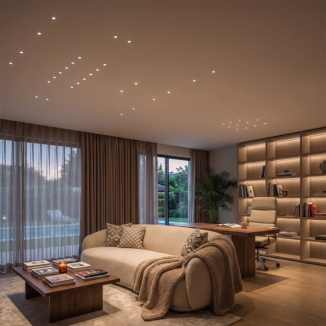 Mini LED spotlight installed across a cozy lounge ceiling with shelving and warm ambient lighting.