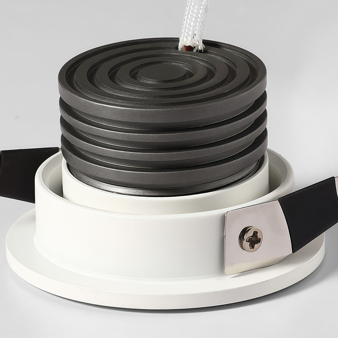 Mini LED spotlight module with white cylindrical housing and ribbed heat sink design