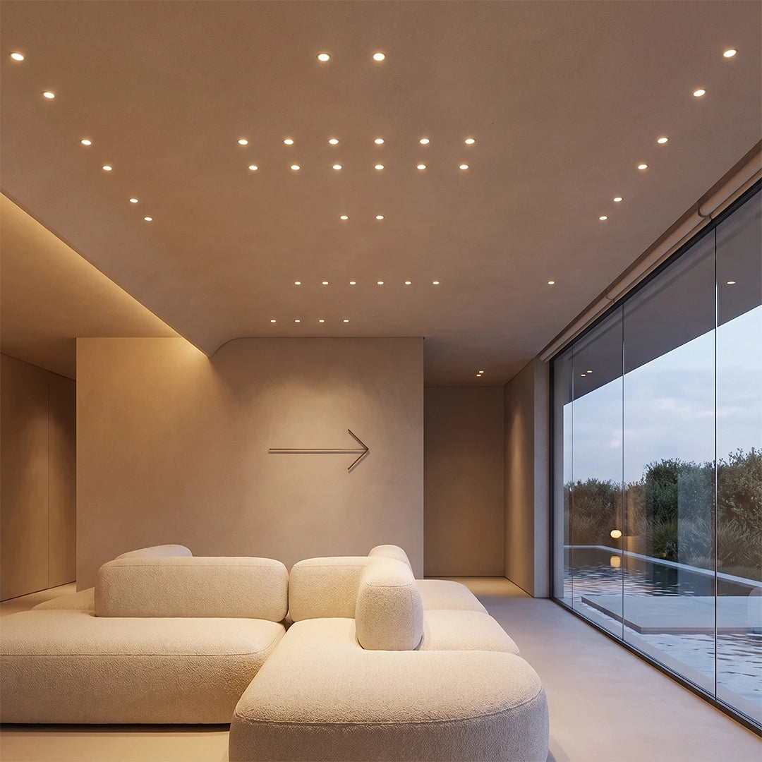 Mini LED spotlight arranged in a grid pattern on a spa room ceiling with large windows.