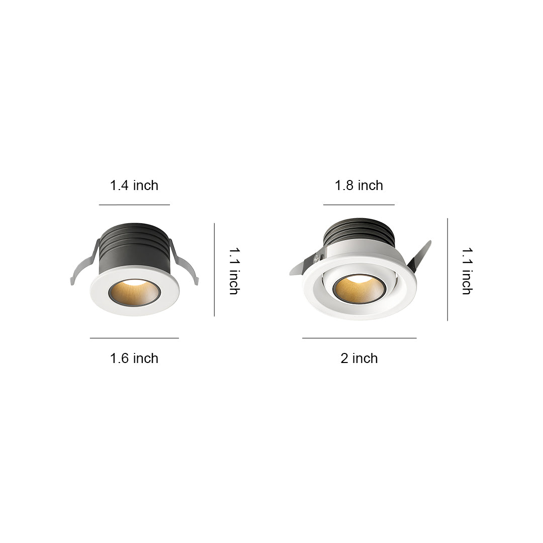 Mini LED spotlights comparison chart showing two sizes with white housing and warm light output