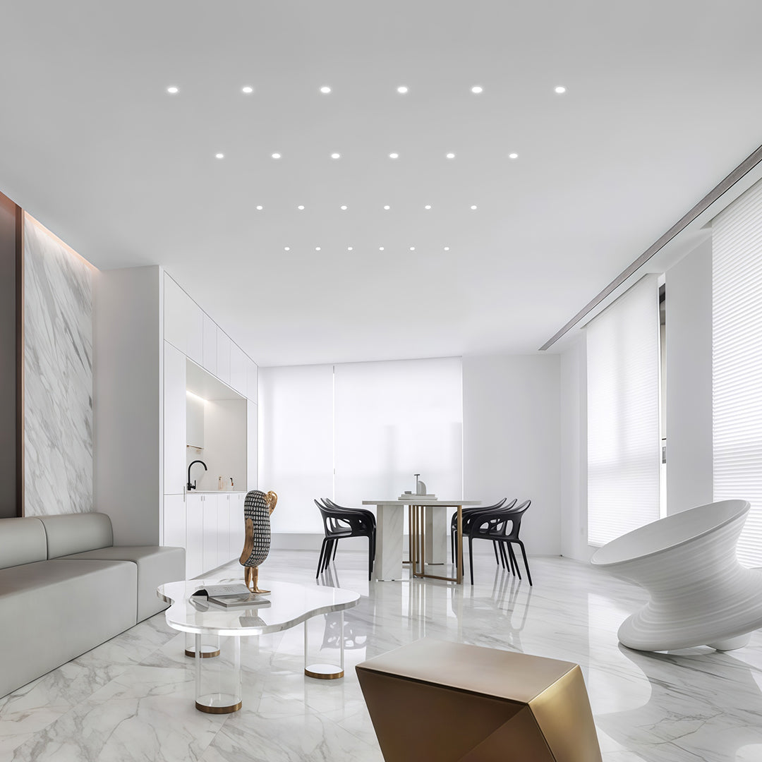 Mini LED spotlights enhancing spacious white retail corridor with modern aesthetic and natural light