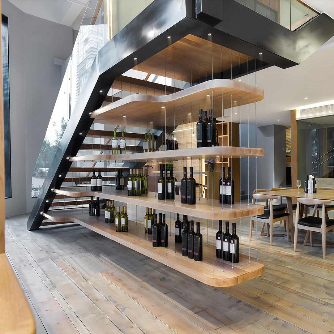 Mini LED spotlights brightening contemporary wine bar with floating shelves and industrial design