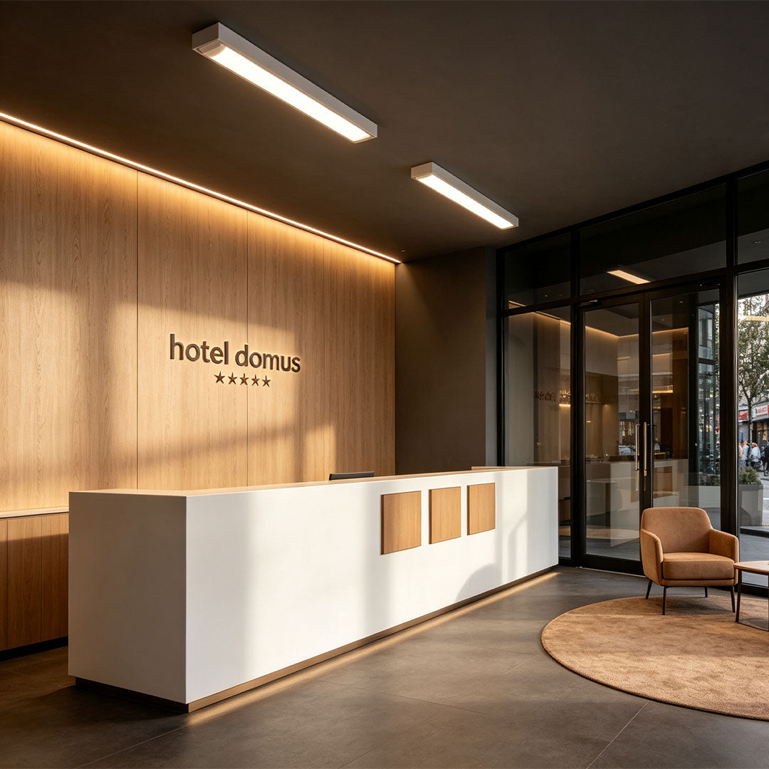 Minimal linear ceiling light featured in a stylish hotel reception interior.