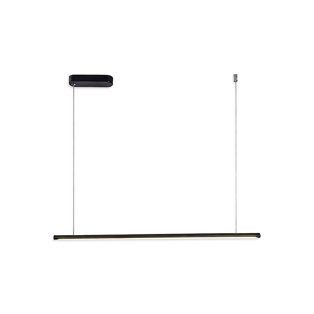 Minimal black linear gold pendant light isolated on white background for product display.