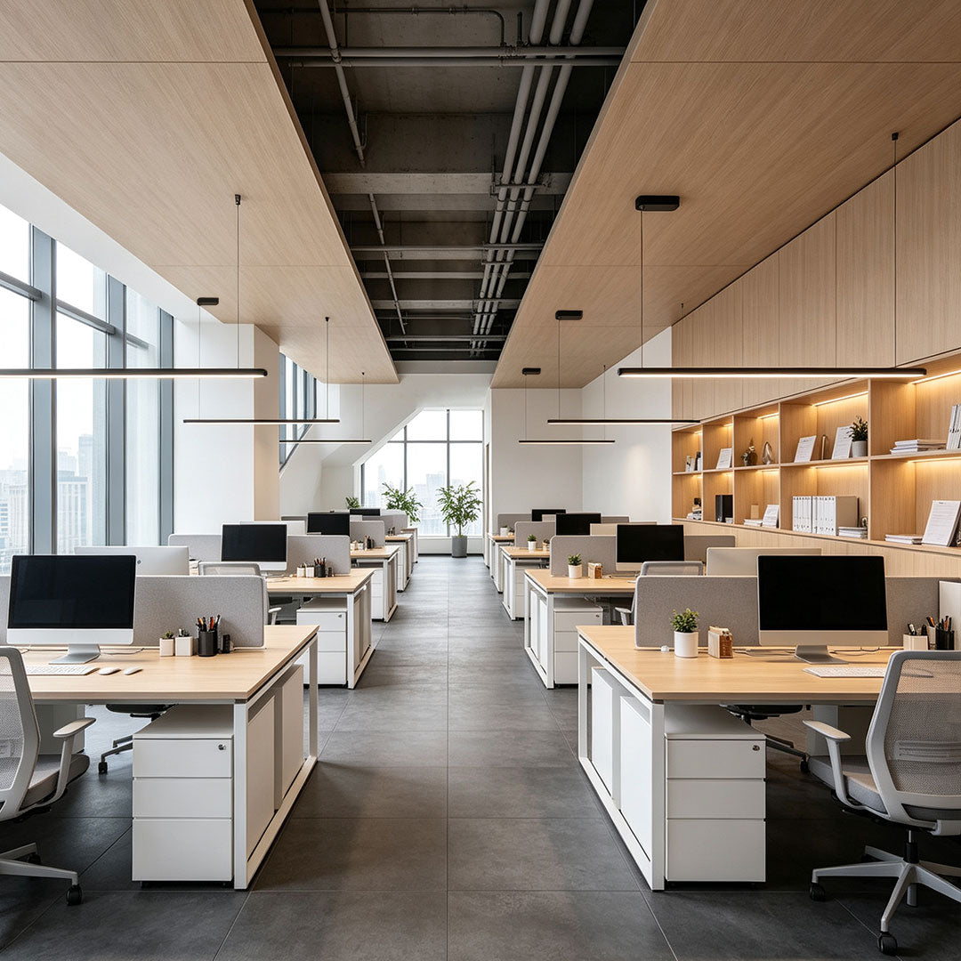 Minimal linear gold pendant light illuminating an open-plan office workspace.