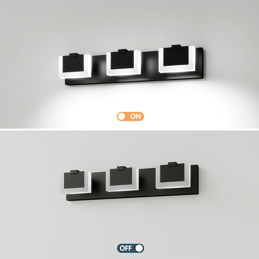 Minimalist bathroom LED vanity lights featuring glass shade chandelier styling showing warm/cool light temperature comparison.