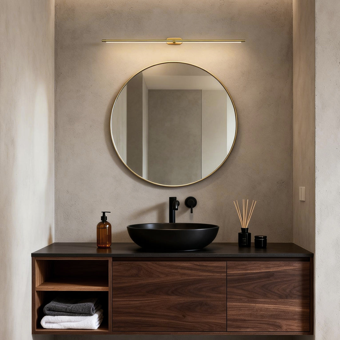 Sleek and minimalist bathroom vanity light strip, mounted above a modern mirror for optimal lighting and a chic look.