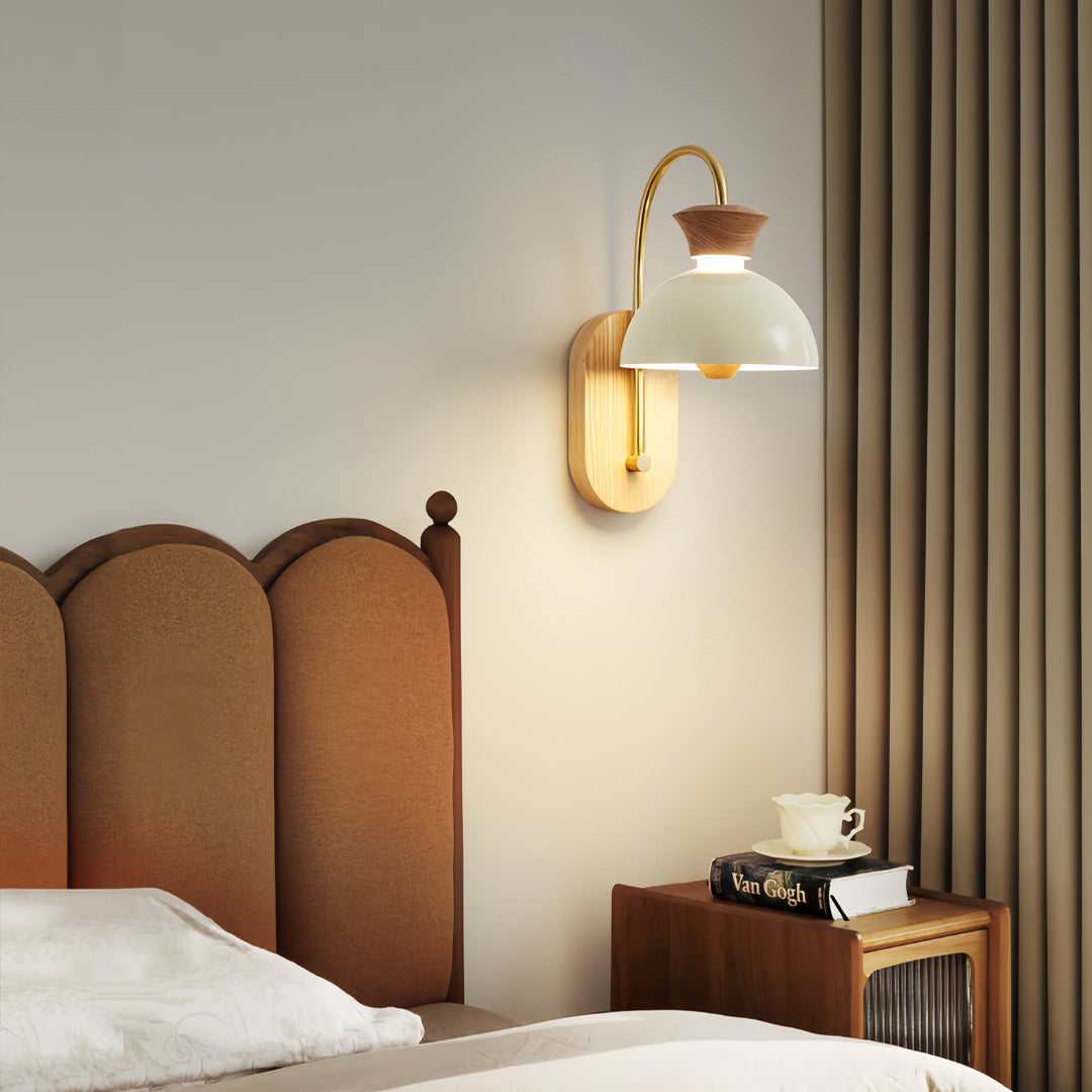 Solar lights outdoor wall installed beside a twin headboard in a minimalist bedroom.