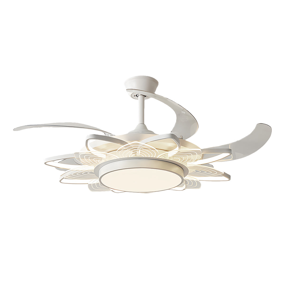 Minimalist black modern ceiling fan with light in white featuring low-profile design and hidden blades