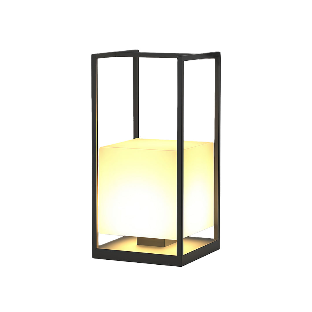 Contemporary outdoor lantern with a minimalist black frame and frosted glass, ideal for modern outdoor spaces.