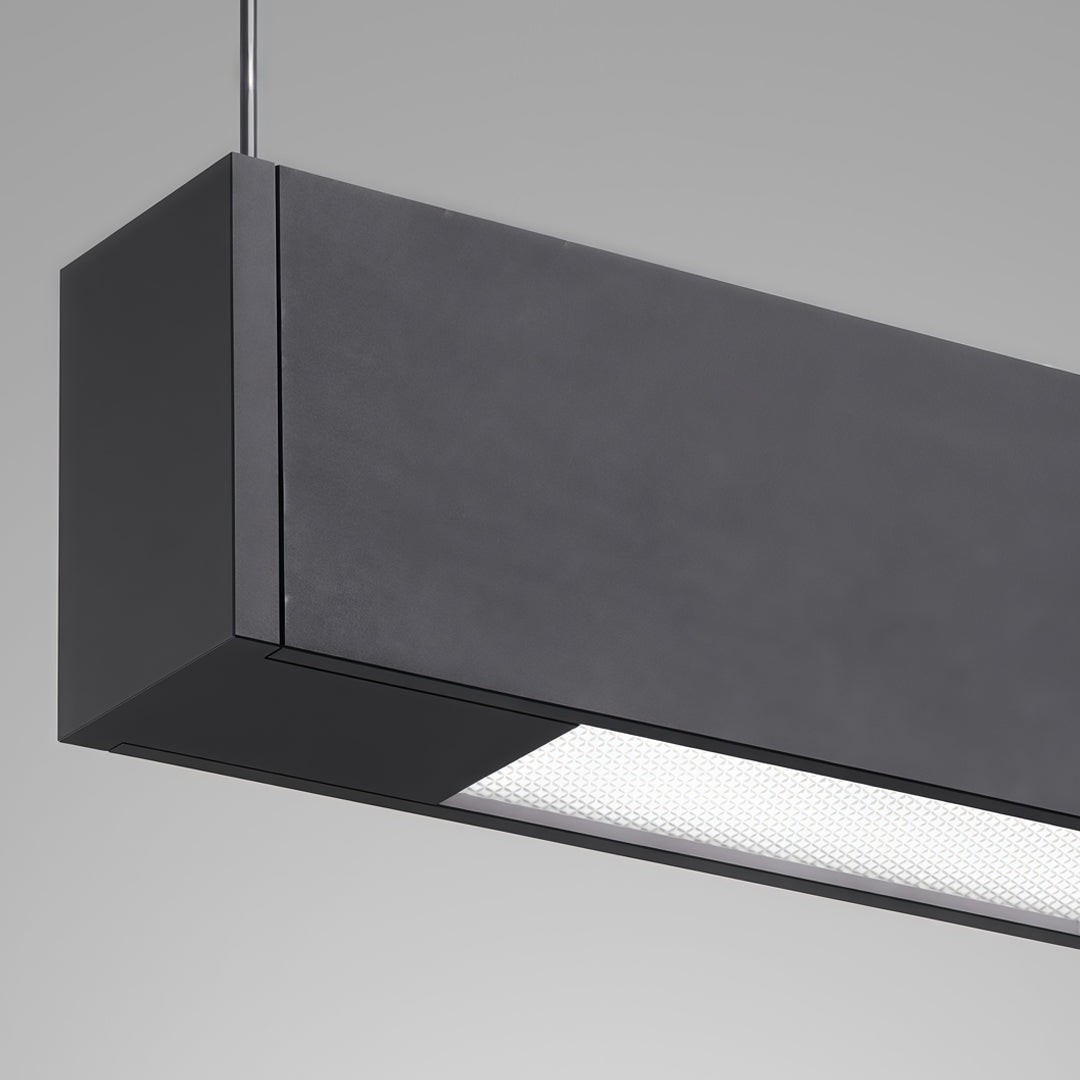Minimalist black linear suspension light featuring sleek rectangular housing design.