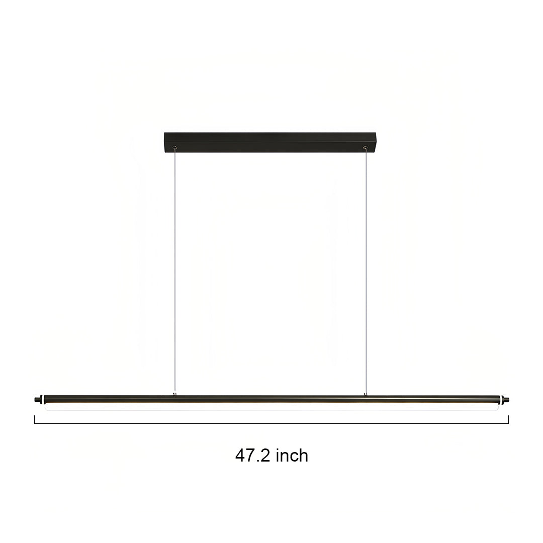 Minimalist black metal pendant light with sleek linear design shown in technical diagram