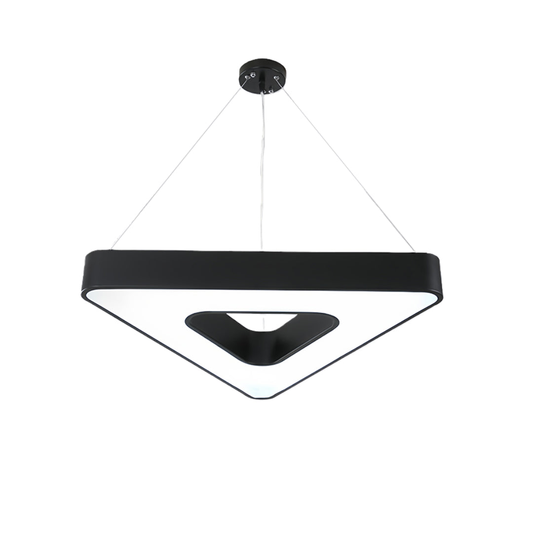 Black modern chandelier in a minimalist design, suspended from the ceiling with clean lines and soft lighting.
