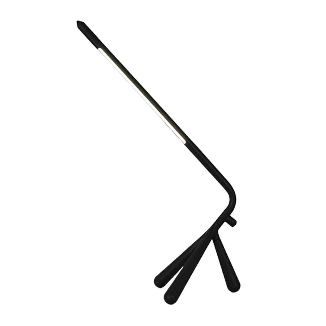 Sleek three legged table lamp featuring minimalist black tripod base and directional LED head