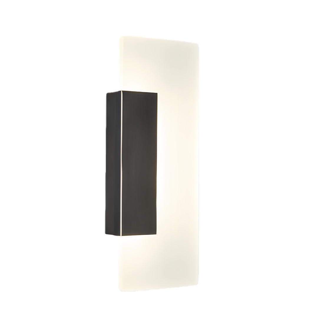 Minimalist brass wall lights showcasing vertical rectangular black metal housing with frosted glass diffuser