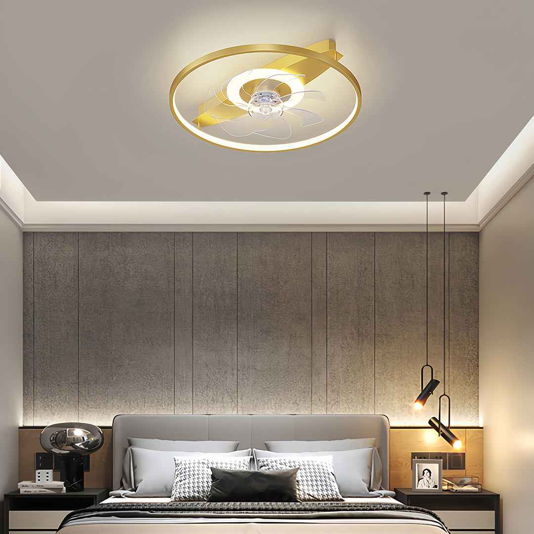 Minimalist ceiling fan with light featuring circular design in sophisticated bedroom with gray concrete wall