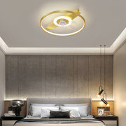 Minimalist ceiling fan with light featuring circular design in sophisticated bedroom with gray concrete wall