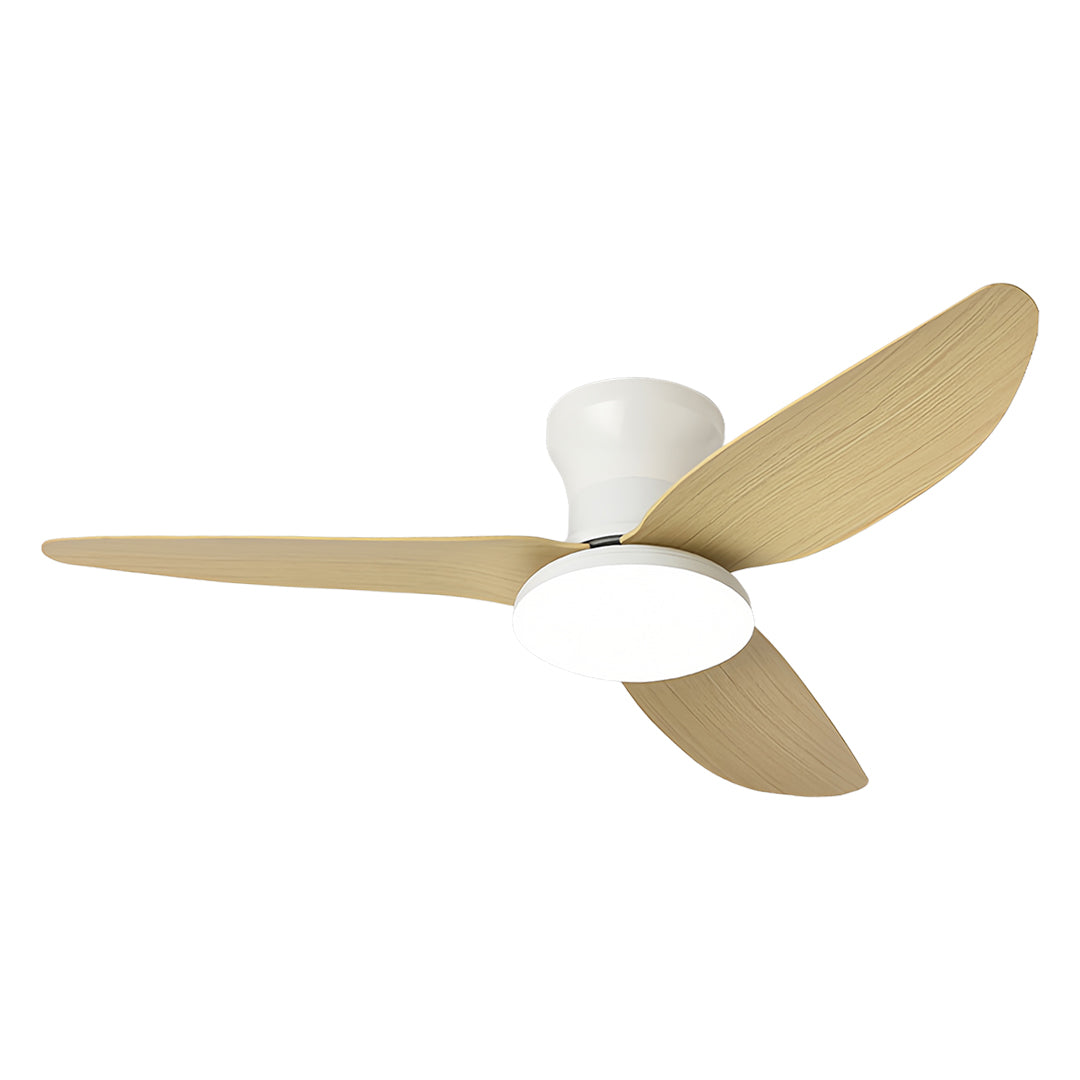 Minimalist ceiling fan with dimmer light with natural wood blades and clean white housing for Scandinavian style