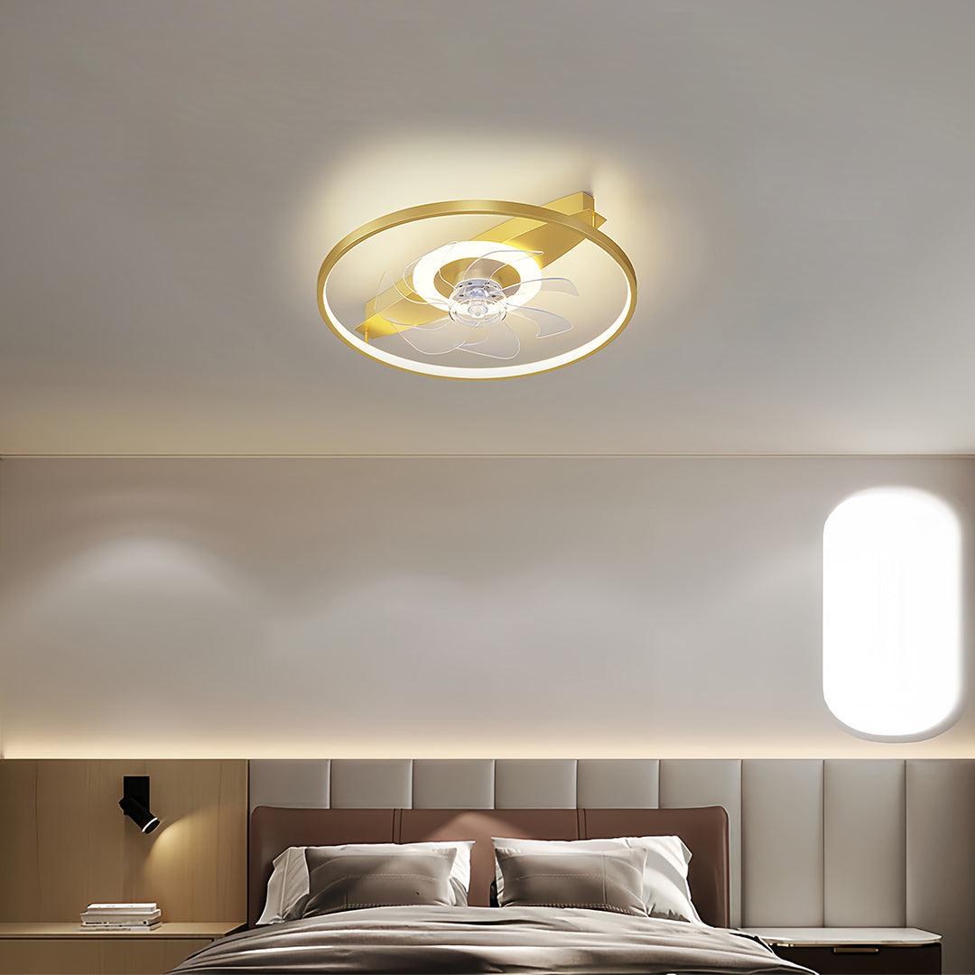 Minimalist ceiling fan with light providing elegant illumination above bedroom with beige and brown tones
