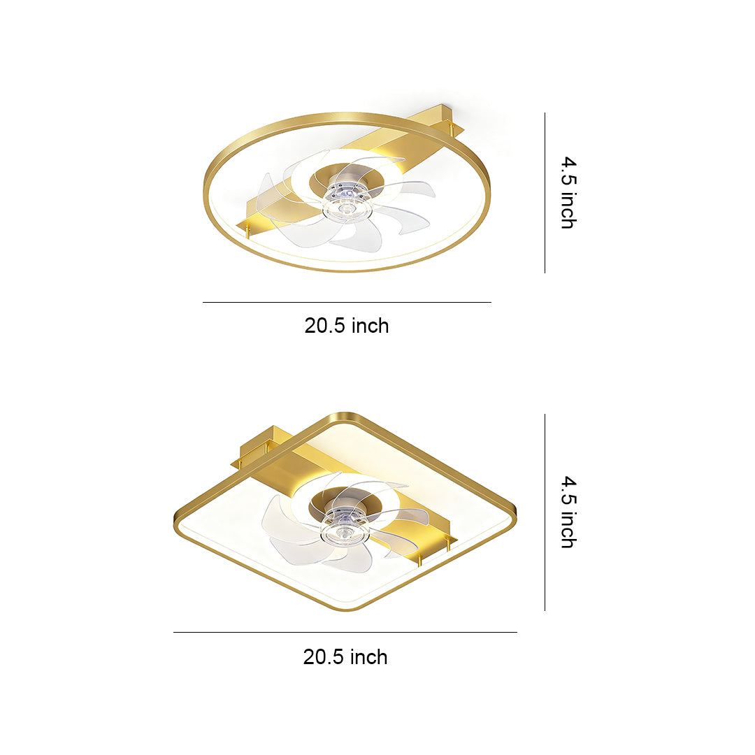 Technical specification diagram showing two minimalist ceiling fan with light designs in different shapes