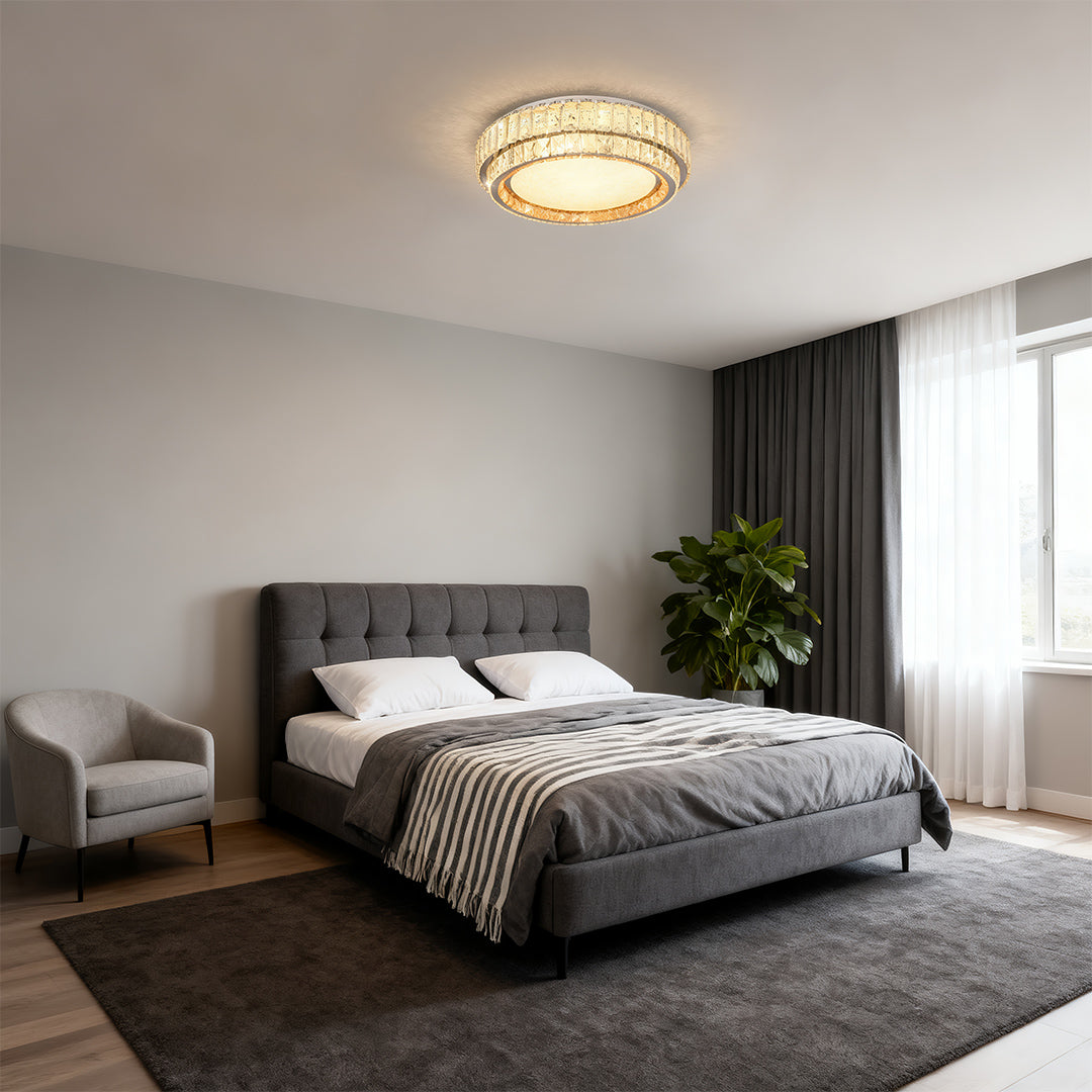 Minimalist contemporary flush mount lighting with glass shade chandelier aesthetic providing soft illumination in sleek bedroom.