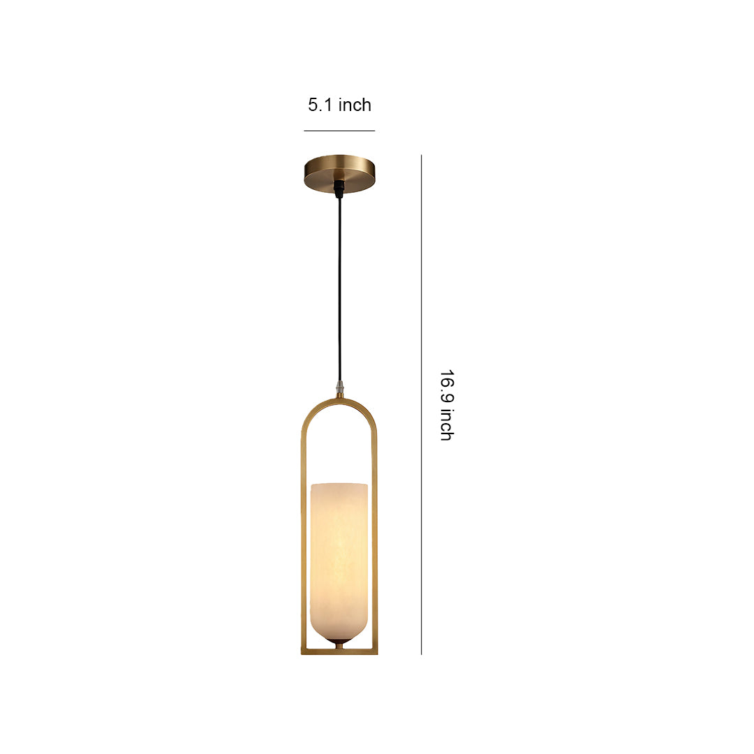 Minimalist copper hanging pendant lights with elongated cylindrical shade and brass arch frame design