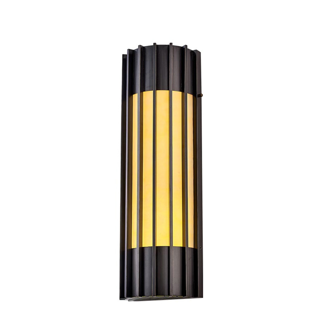 Minimalist copper outdoor wall lights featuring vertical lines, ideal for contemporary outdoor spaces and pathways.