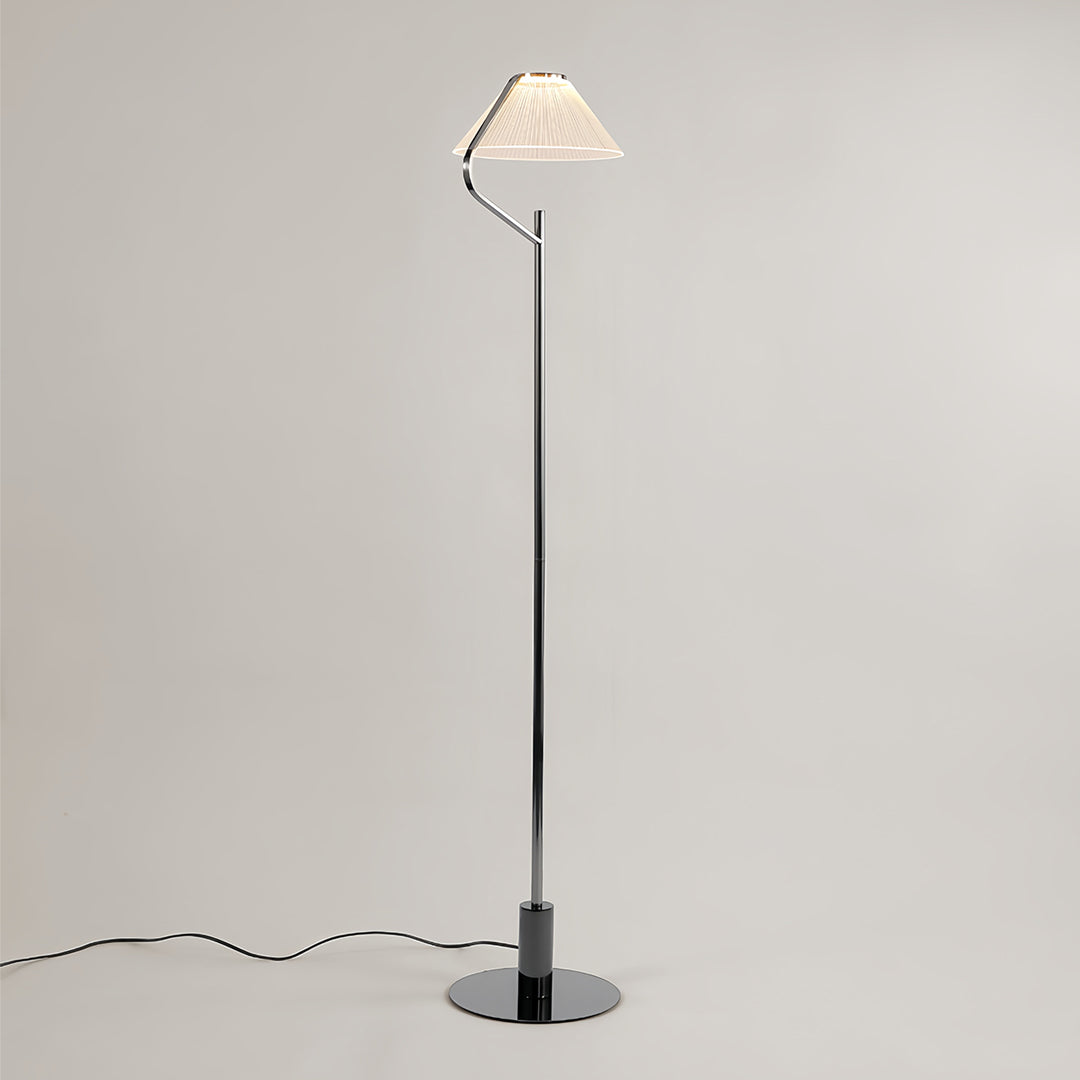 Minimalist craft floor lamp with a white fabric shade and black base in a clean design