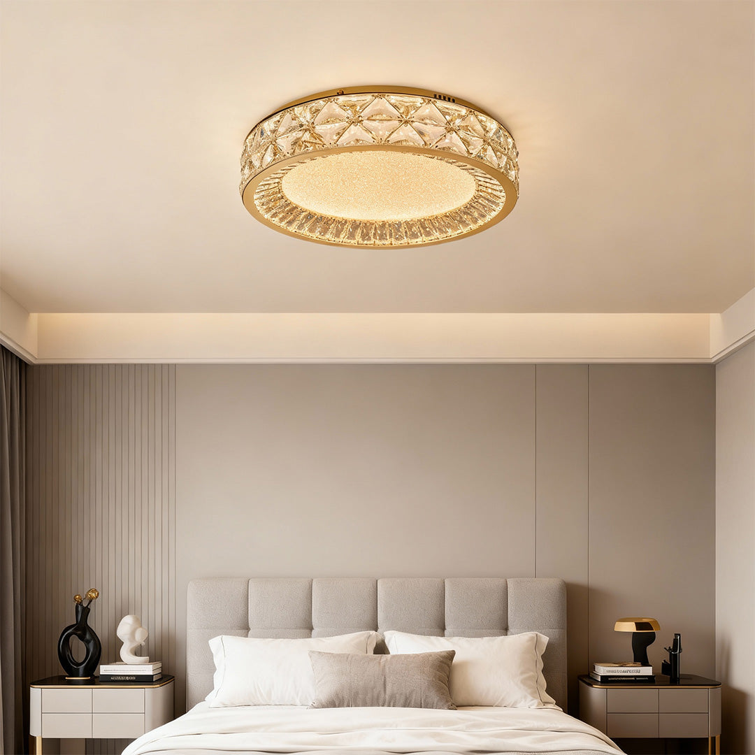 Minimalist decorative flush mount ceiling lights with glass shade chandelier aesthetic in bright neutral bedroom with tufted headboard.