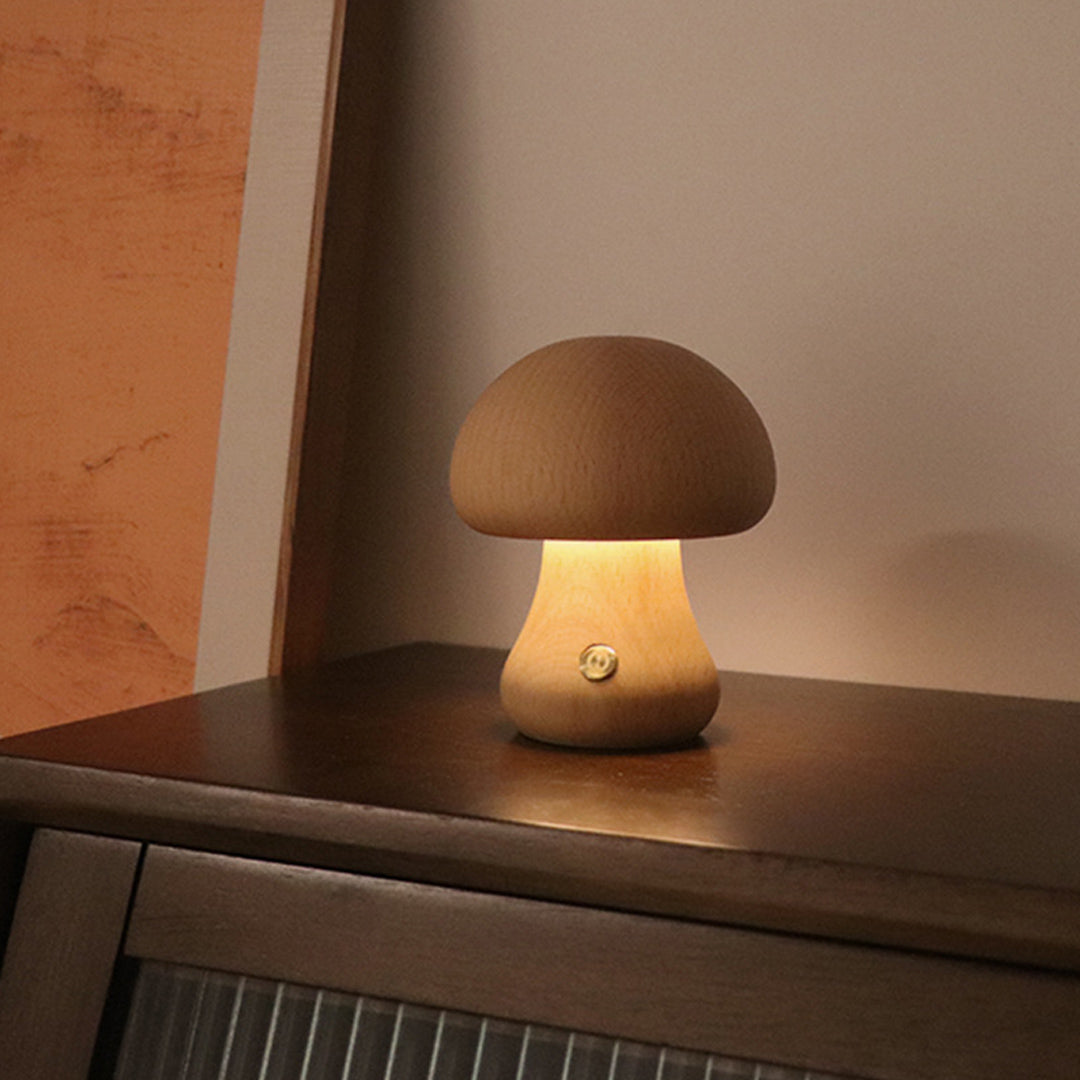 Mushroom table lamp with brown cap illuminating wooden desk in minimalist setting