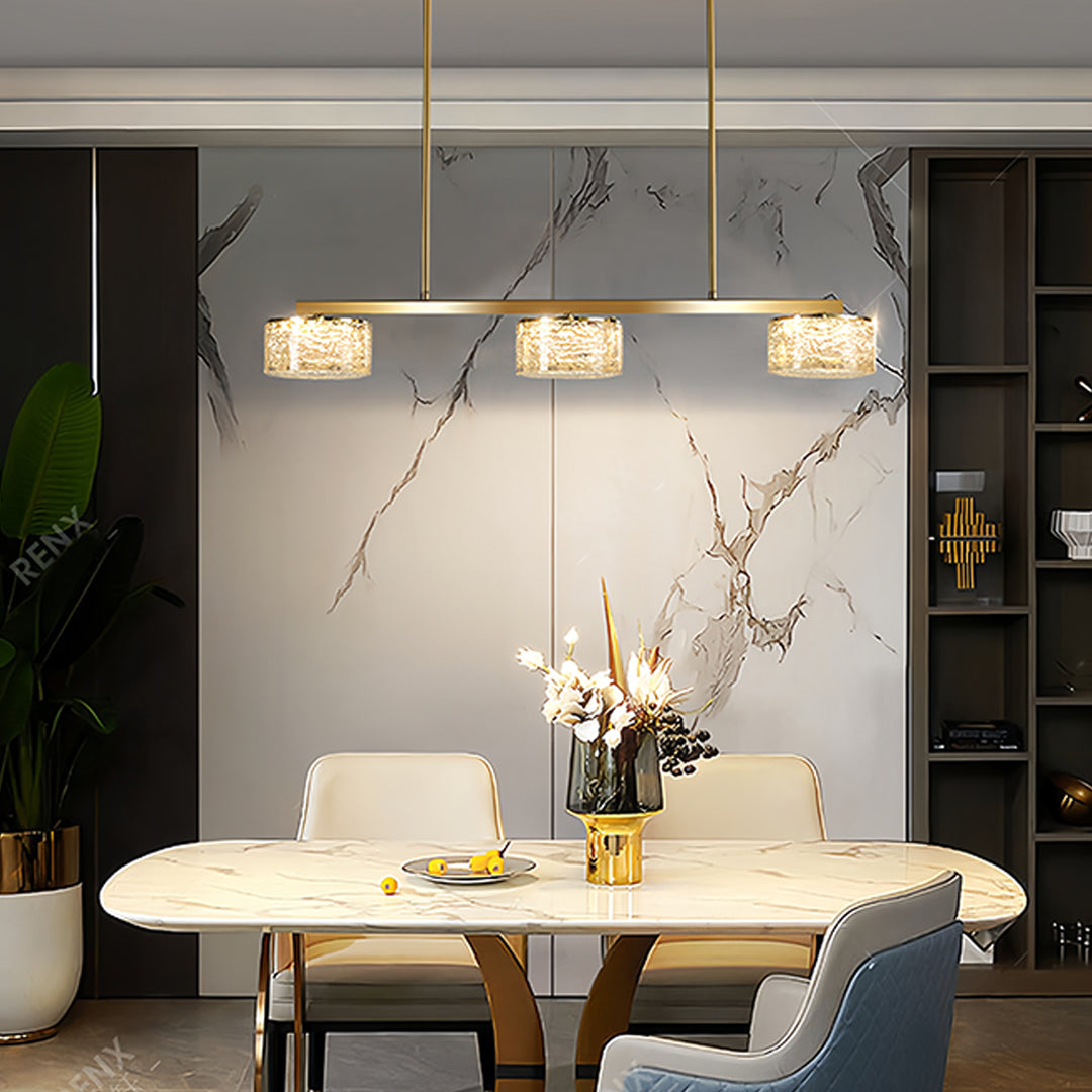 Contemporary LED linear pendant light creating focal point in modern dining area with minimalist decor