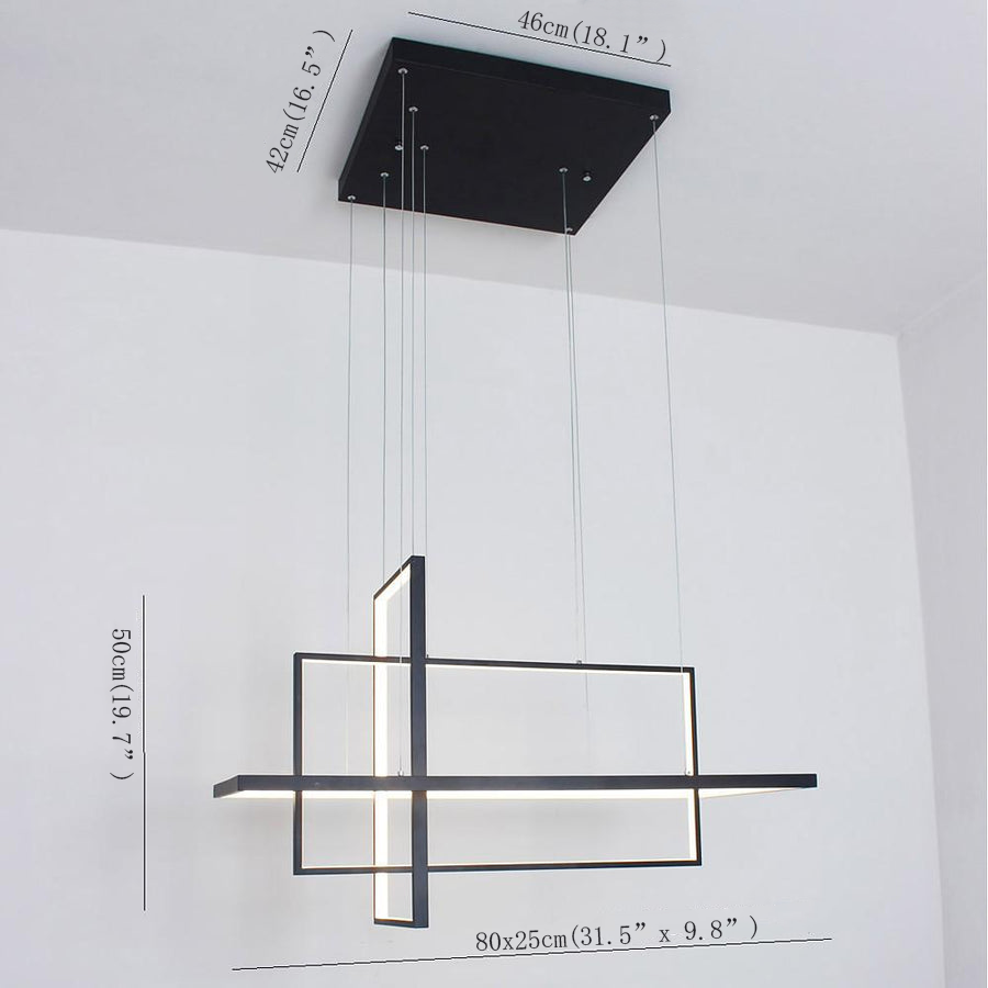 Minimalist dining room chandelier ceiling mount showing adjustable suspension wires and frame.