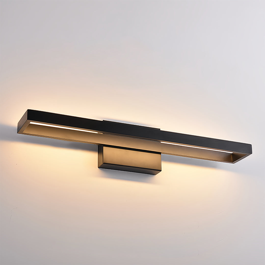 Minimalist black vanity bathroom light featuring dual vertical LED tubes for modern wall applications