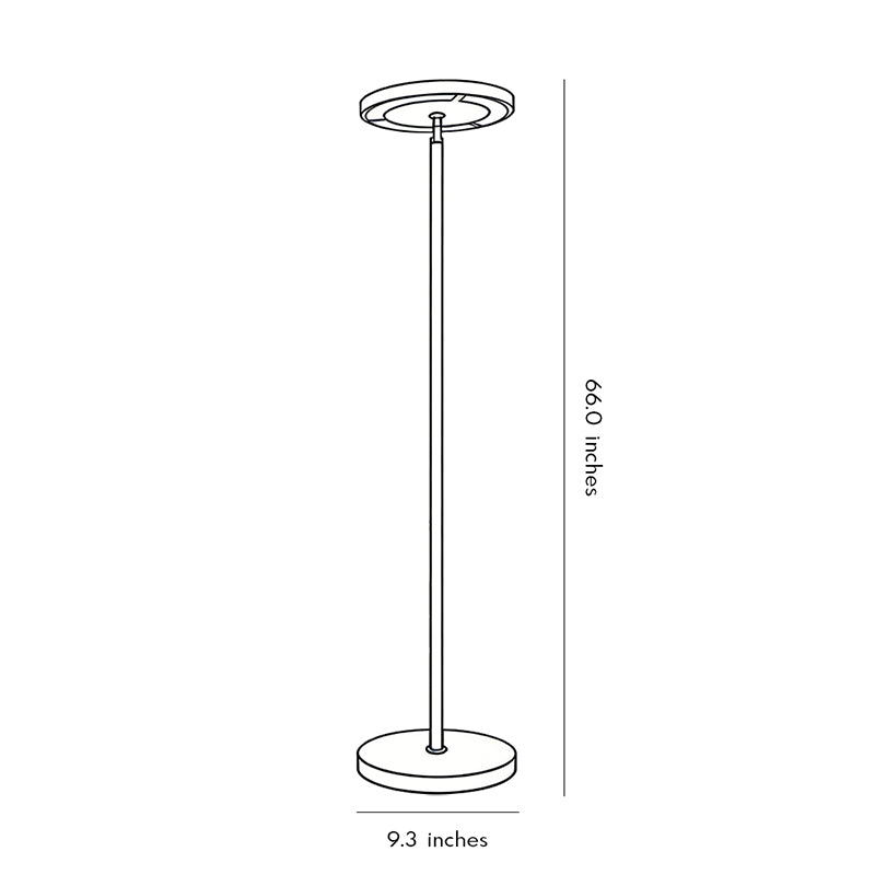 Minimalist floor light dimension drawing with height and base size.