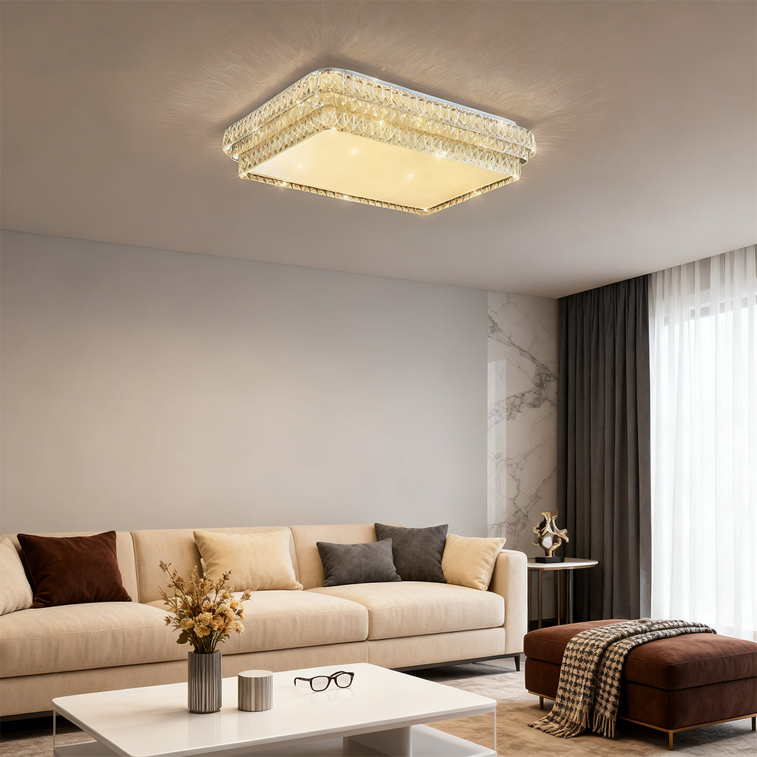 Minimalist flush mount modern lighting with glass shade chandelier styling providing clean illumination in modern kitchen space.