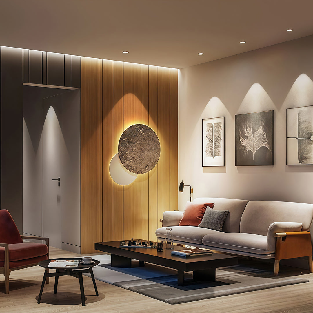 Minimalist flush mount spotlights with glass shade chandelier styling providing subtle illumination in neutral-toned bedroom space.