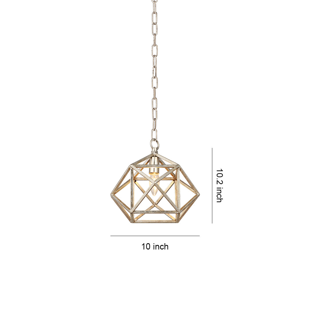 Gold metal pendant light showcasing its 10-inch width and delicate gold-leaf finish on the minimalist geometric frame.